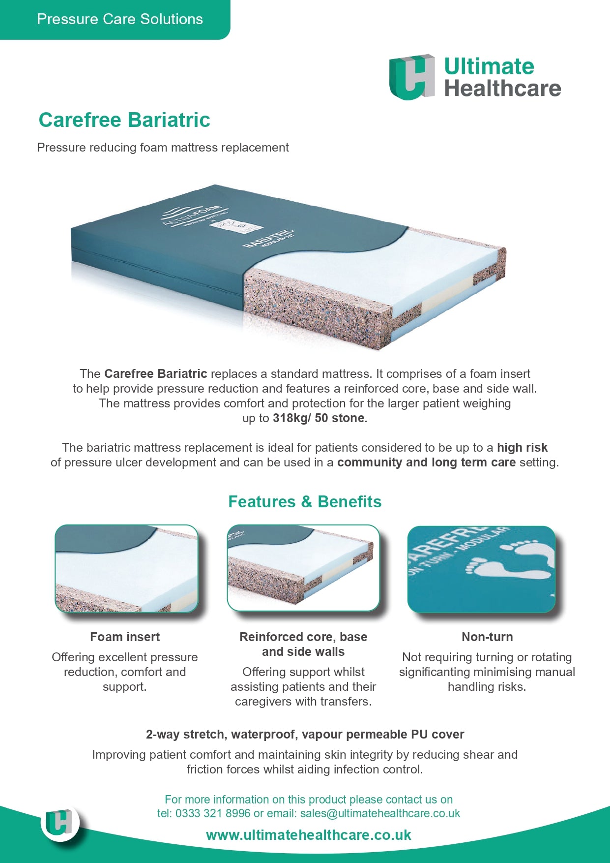 Carefree Bariatric Mattress replacement High density foam 4ft 50 stone