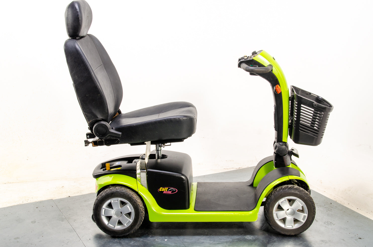 Pride Colt Deluxe Used Electric Mobility Scooter 6mph Transportable Road Pavement Seat Post Suspension Solid Tyres Lime Green 13443